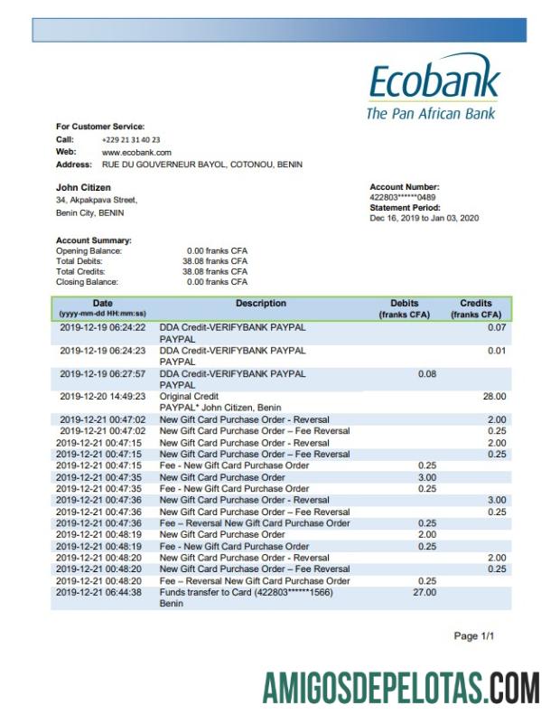 Benin Ecobank extrato bancário amostra